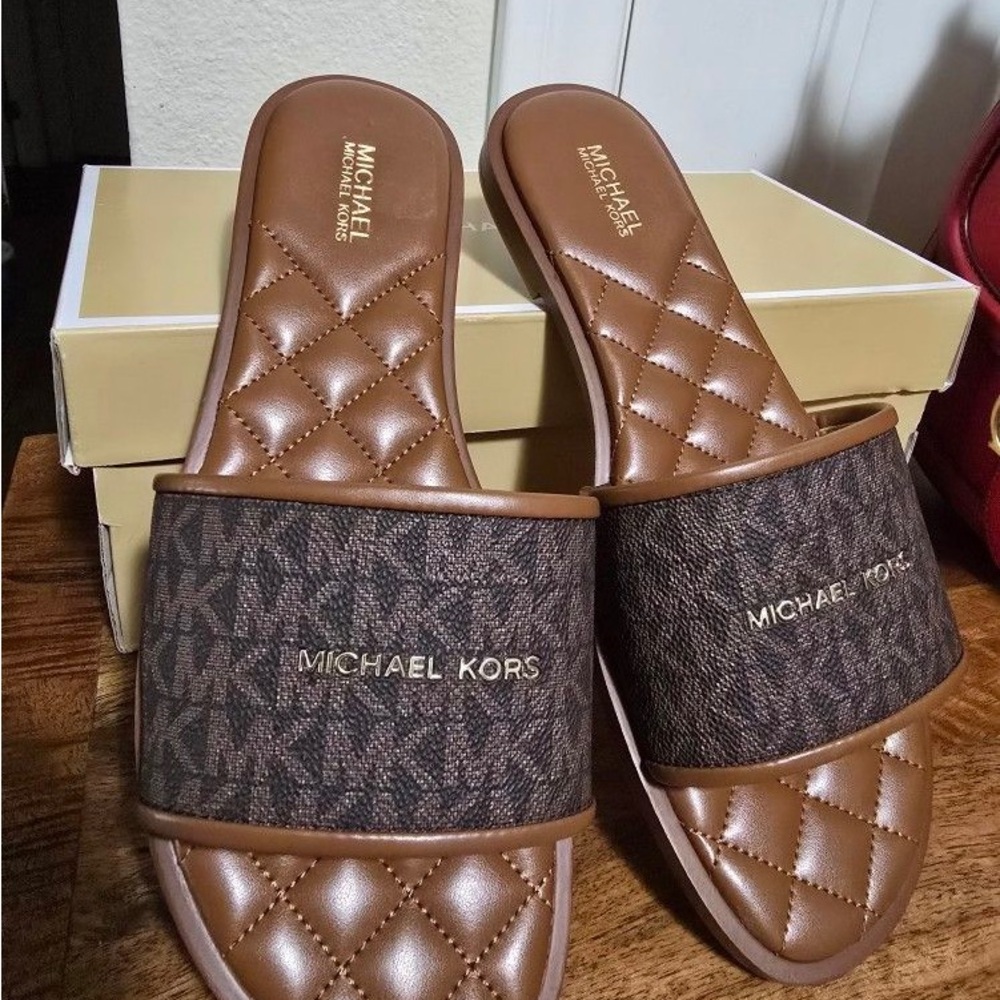 Michael Kors Quilted Brown Slides